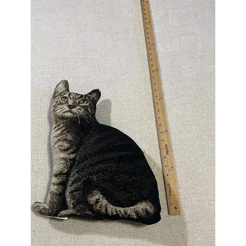 Vintage Tabby Cat Tapestry Shaped Throw Pillow Brown Black Feline Decor 11.5